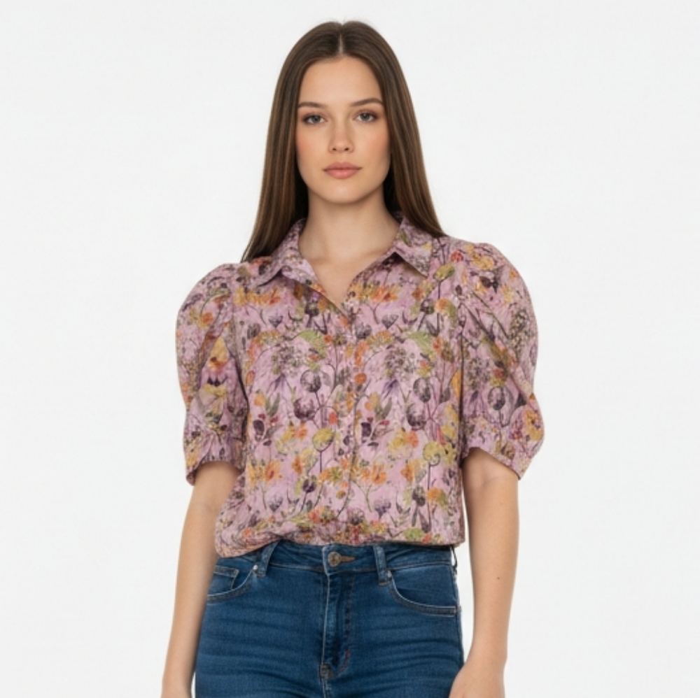 entro Lavender Floral Puff-Sleeve Button-Front Blouse